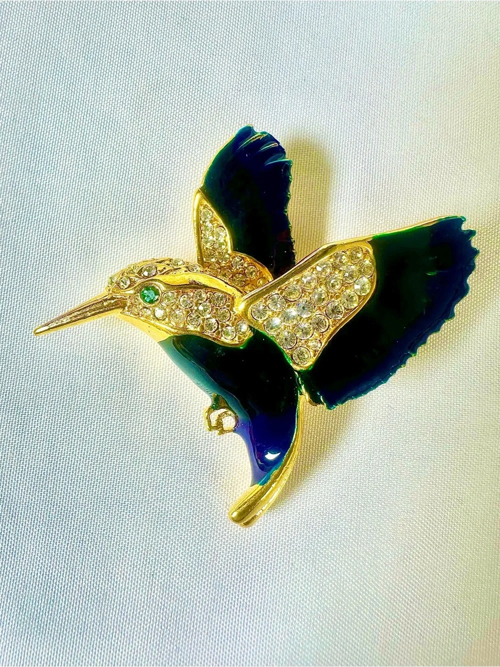 Gold-tone Hummingbird Brooch Pin with Blue & Green Enamel and Rhinestones